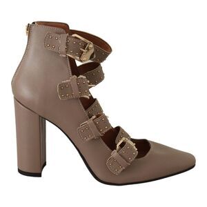 MY TWIN Brown Leather Block Heels Multi Buckle Pumps Women's Shoes